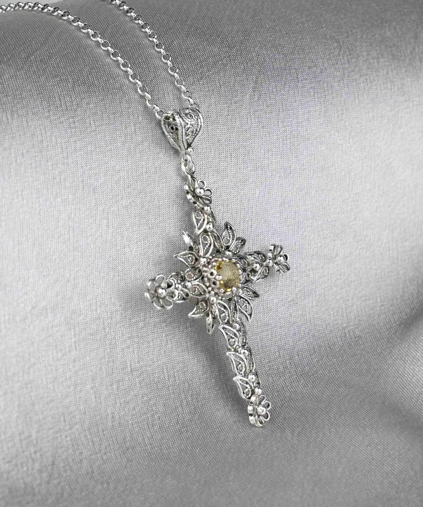 Filigree Art Citrine Gemstone Women Silver Cross Pendant Necklace