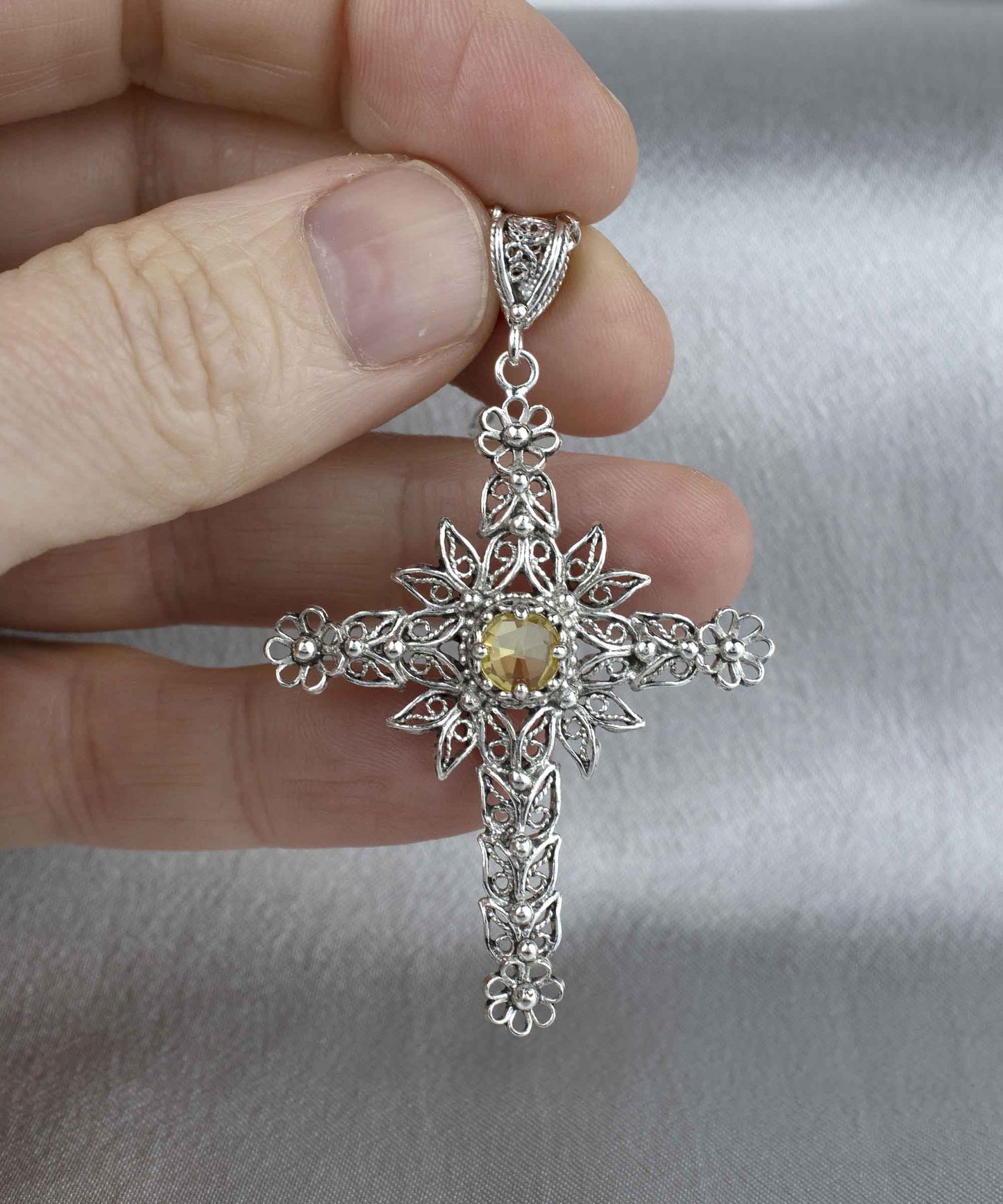 Filigree Art Citrine Gemstone Women Silver Cross Pendant Necklace
