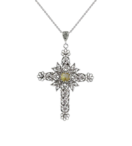 Filigree Art Citrine Gemstone Women Silver Cross Pendant Necklace