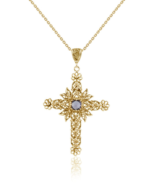 Filigree Art Amethyst Gemstone Women Gold Plated Silver Cross Pendant