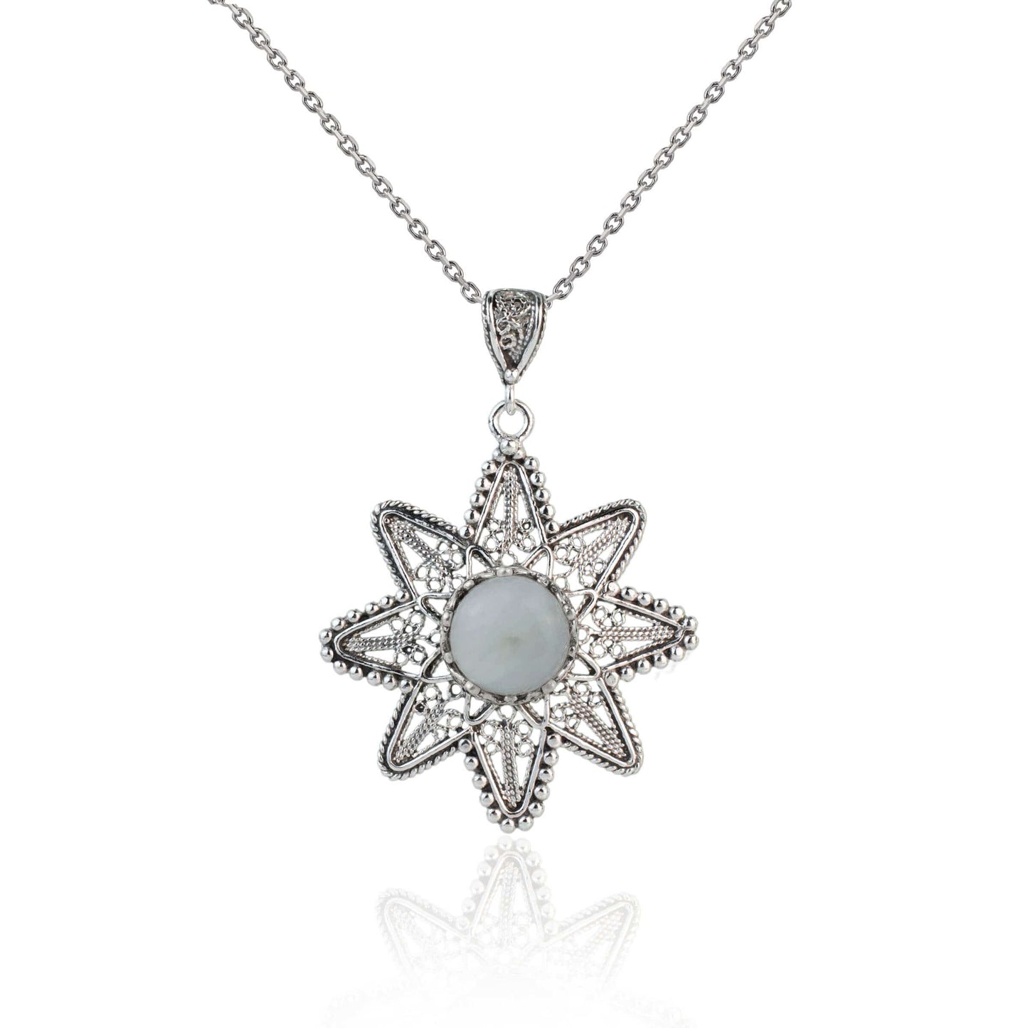 Filigree Art Moonstone Gemstone Sunflower Design Women Silver Pendant
