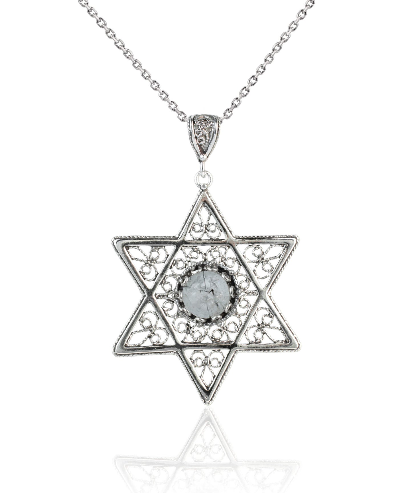 Filigree Art Black Rutile Gemstone Star of David Women Silver Pendant