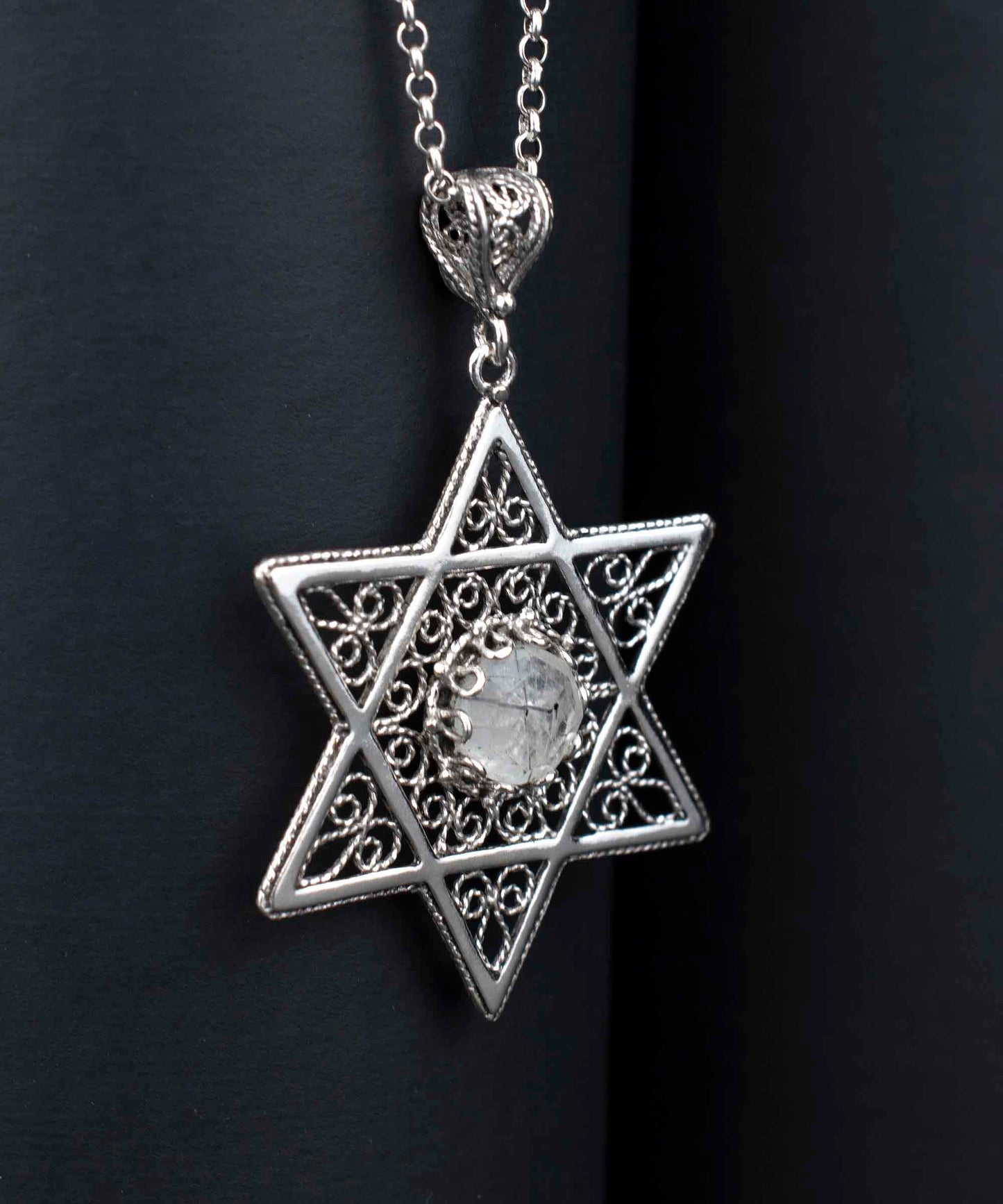 Filigree Art Black Rutile Gemstone Star of David Women Silver Pendant