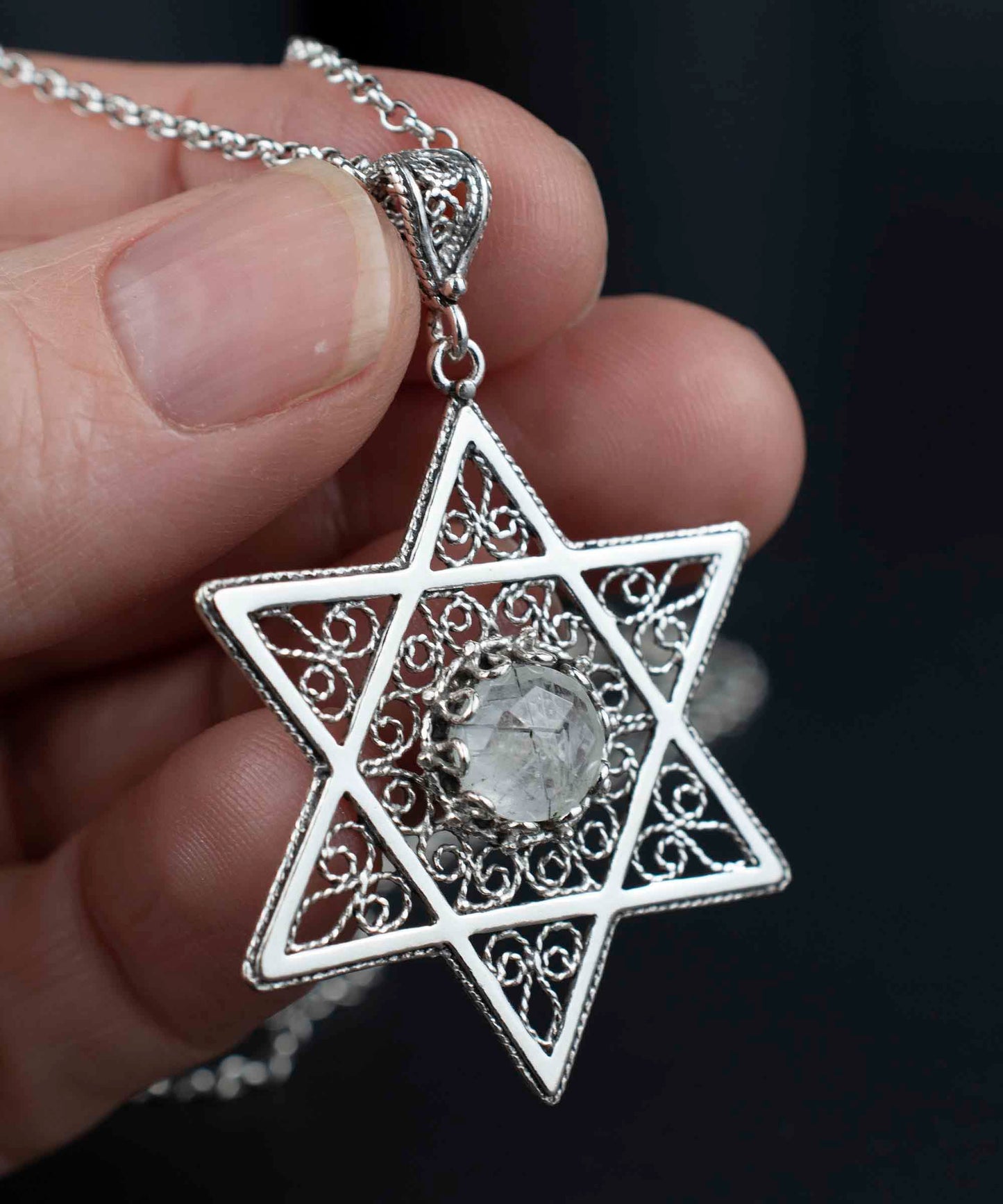 Filigree Art Black Rutile Gemstone Star of David Women Silver Pendant