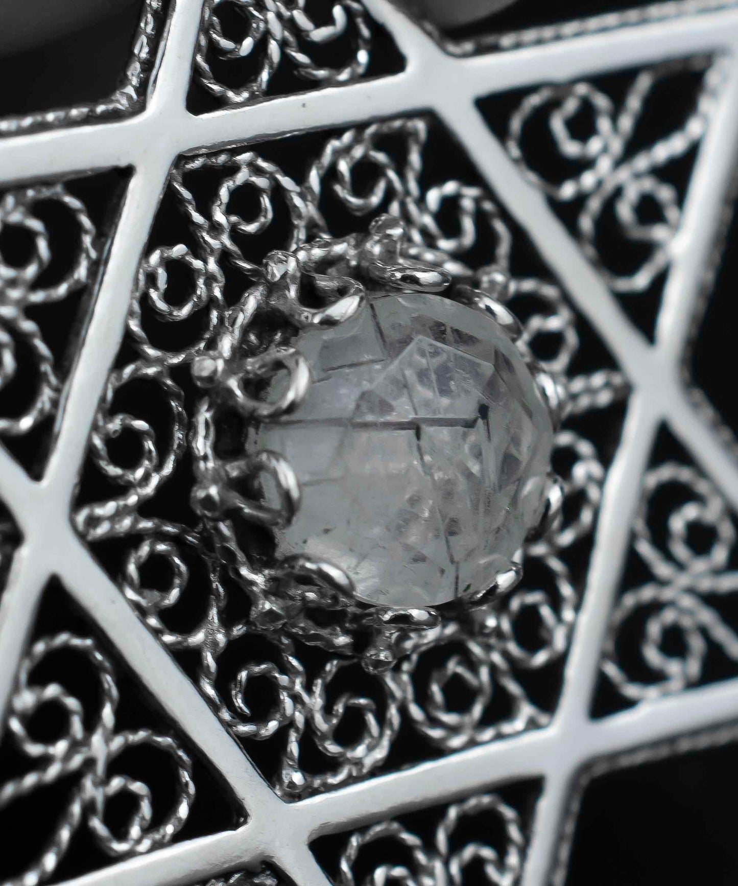 Filigree Art Black Rutile Gemstone Star of David Women Silver Pendant