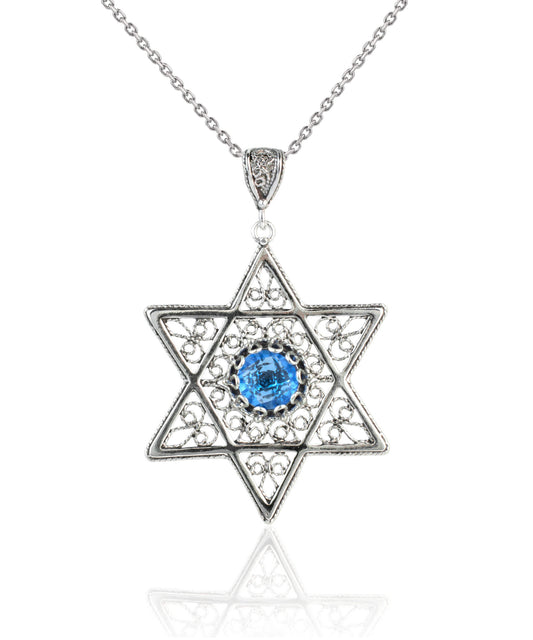 Filigree Art Blue Quartz Gemstone Star of David Women Silver Pendant