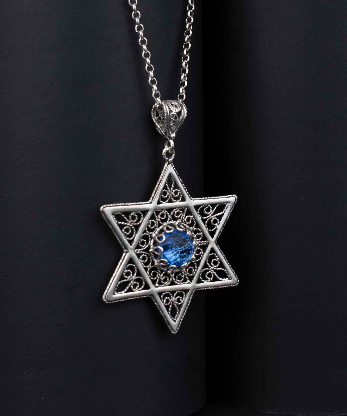 Filigree Art Blue Quartz Gemstone Star of David Women Silver Pendant