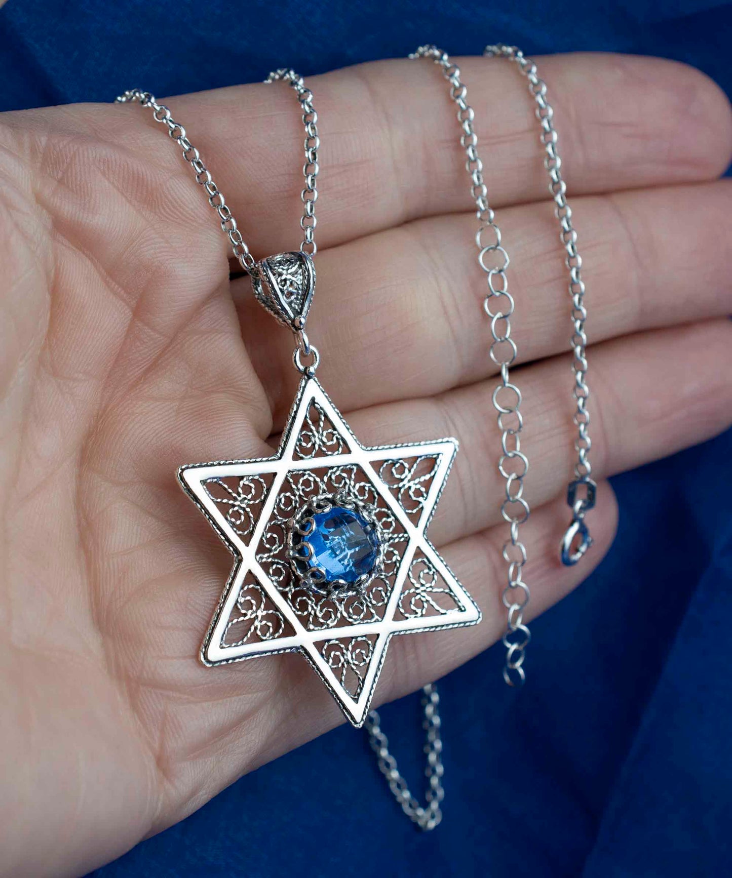 Filigree Art Blue Quartz Gemstone Star of David Women Silver Pendant