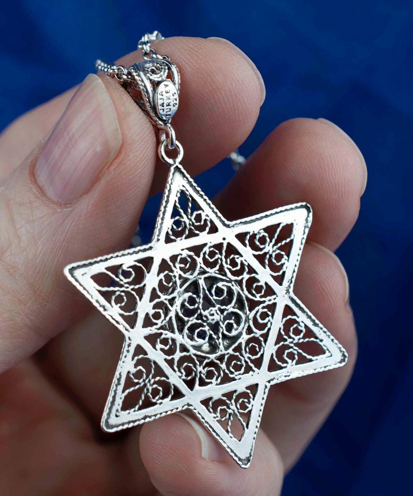 Filigree Art Blue Quartz Gemstone Star of David Women Silver Pendant