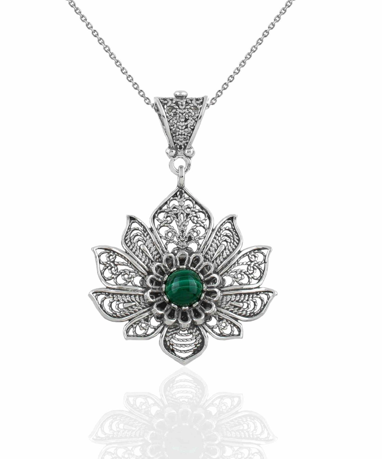 Filigree Art Silver Lotus Flower Malachite Gemstone Women Pendant