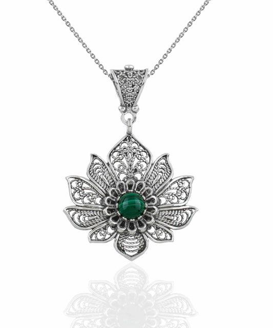 Filigree Art Silver Lotus Flower Malachite Gemstone Women Pendant
