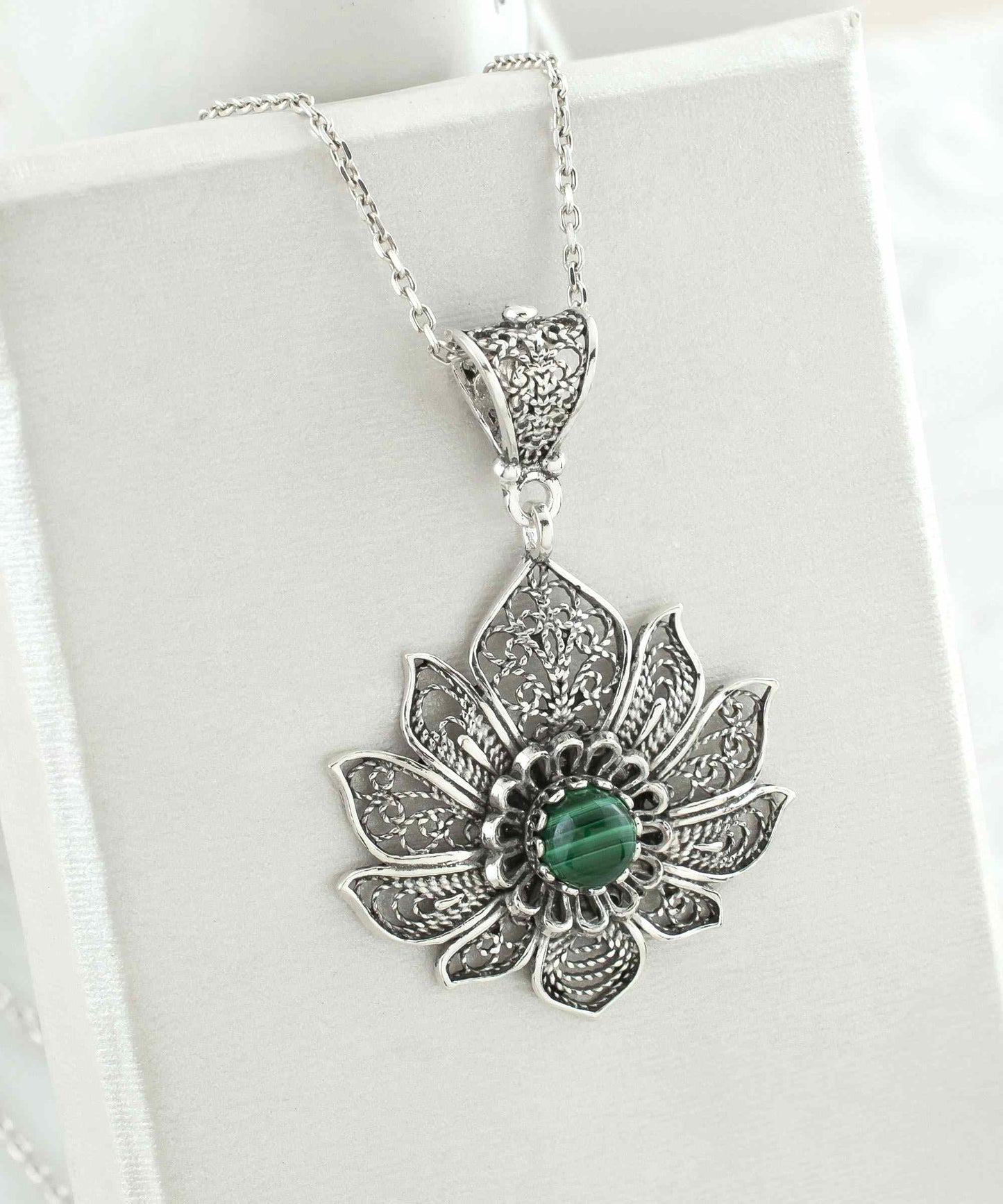 Filigree Art Silver Lotus Flower Malachite Gemstone Women Pendant