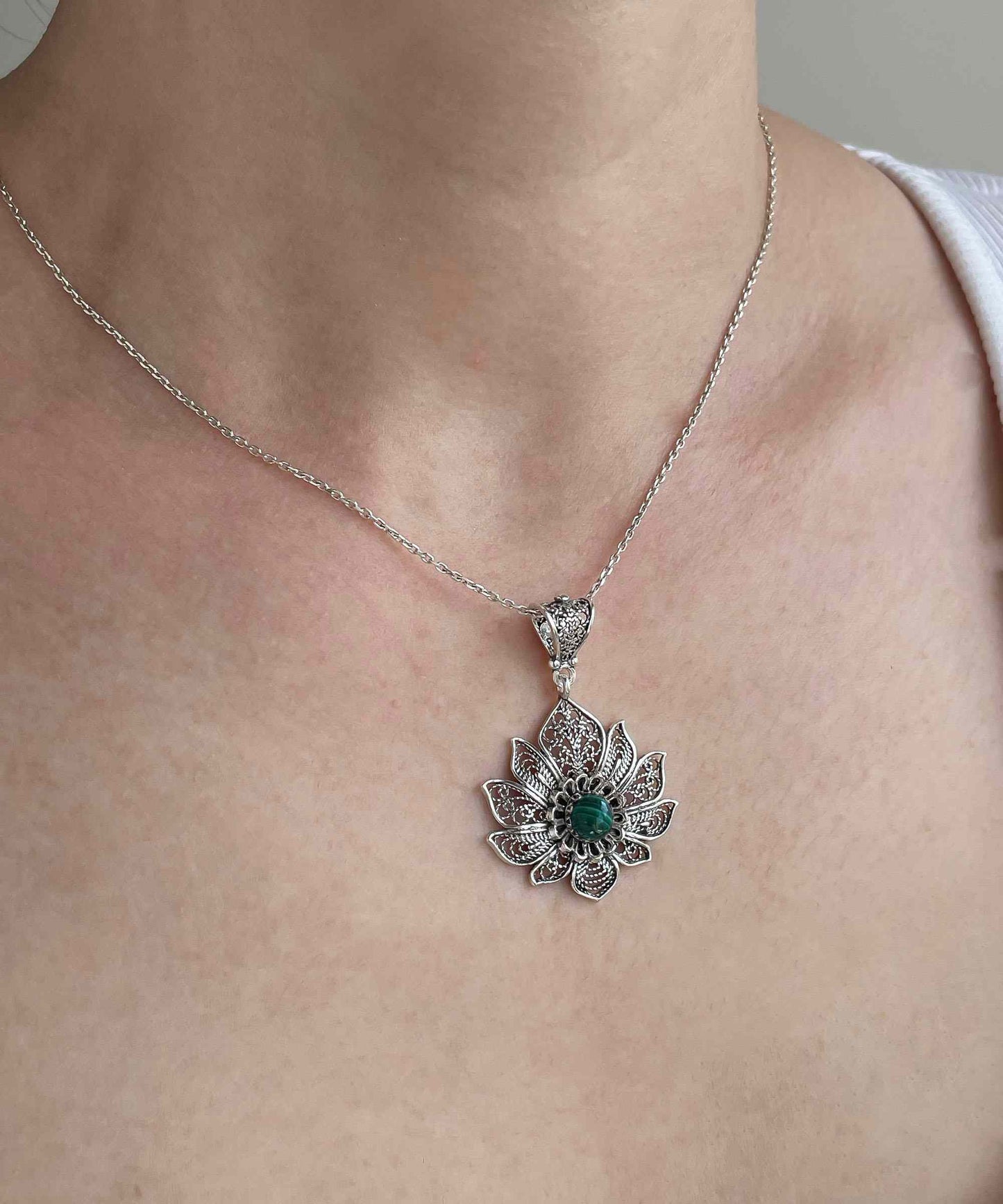Filigree Art Silver Lotus Flower Malachite Gemstone Women Pendant