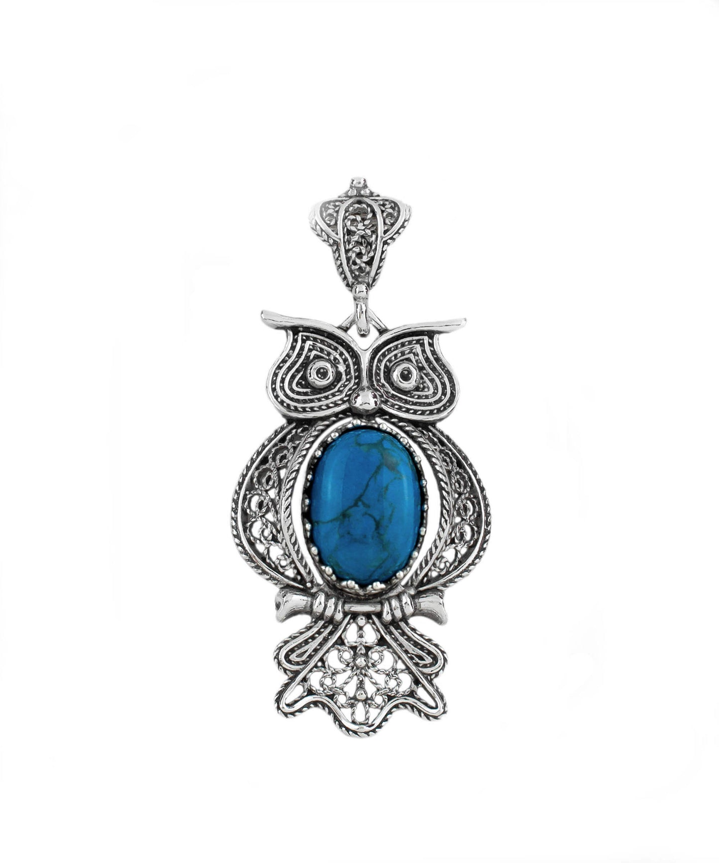 Filigree Art Owl Figured Turquoise Gemstone Women Silver Pendant