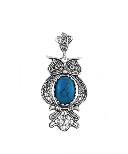 Filigree Art Owl Figured Turquoise Gemstone Women Silver Pendant