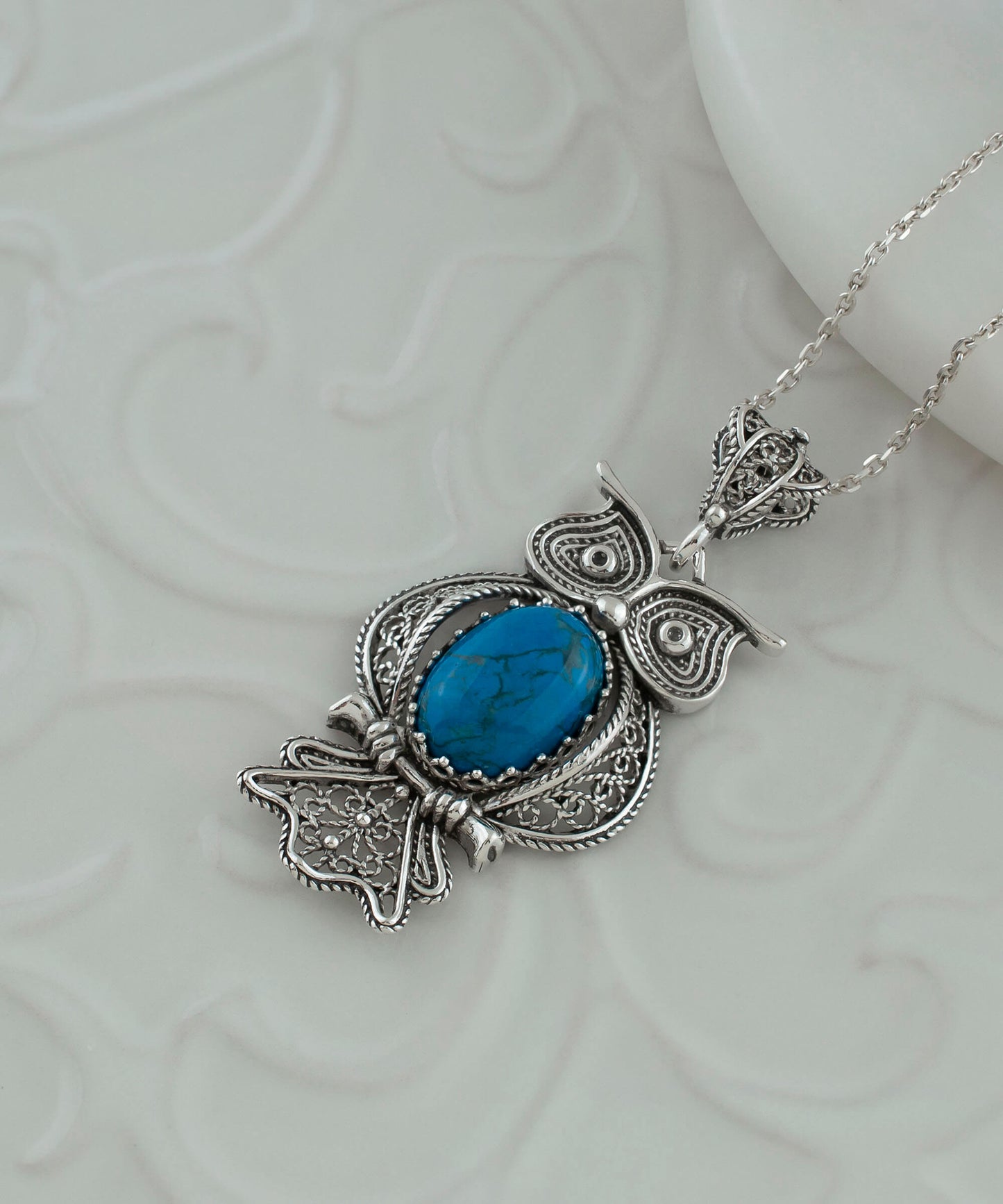 Filigree Art Owl Figured Turquoise Gemstone Women Silver Pendant