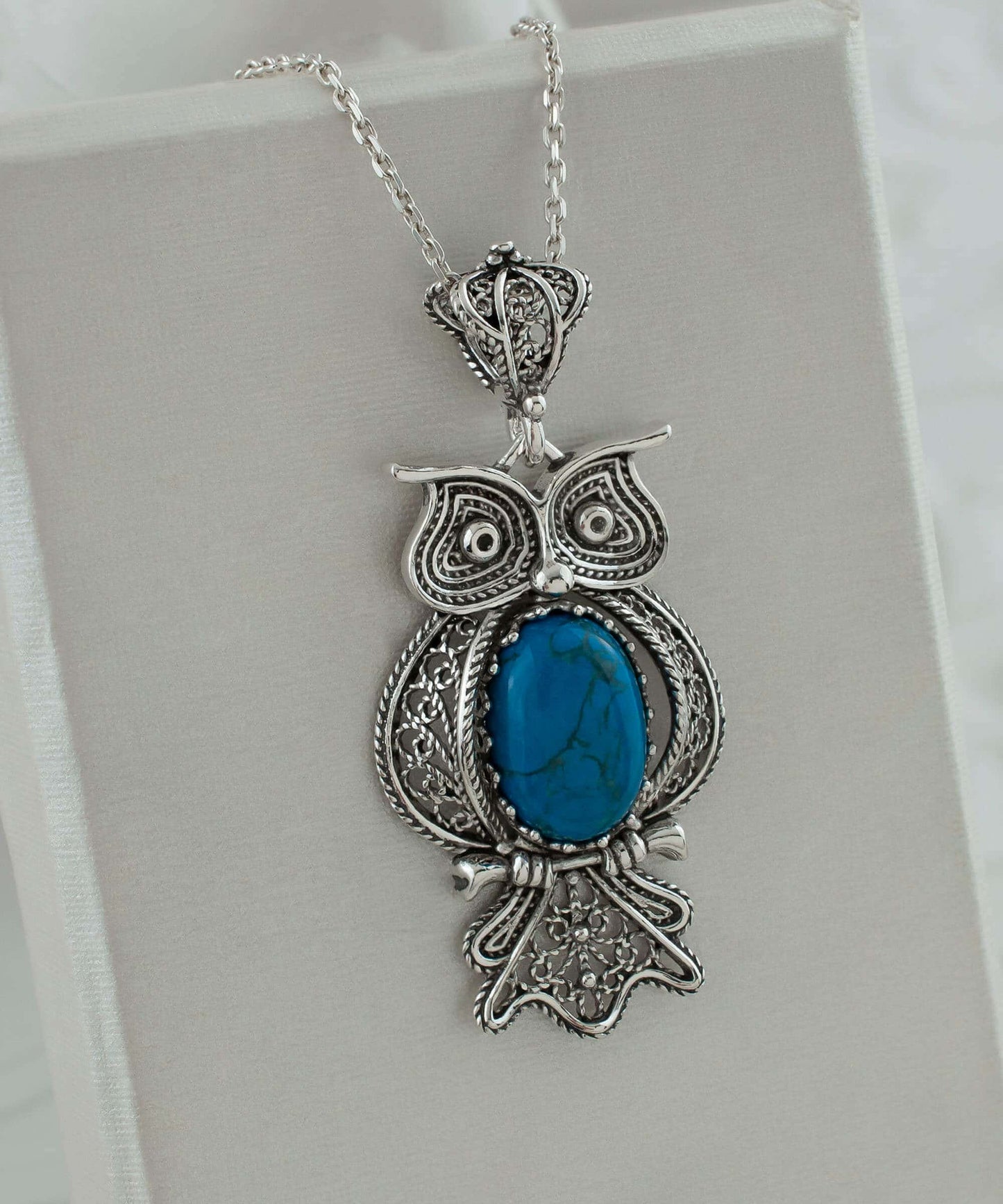 Filigree Art Owl Figured Turquoise Gemstone Women Silver Pendant