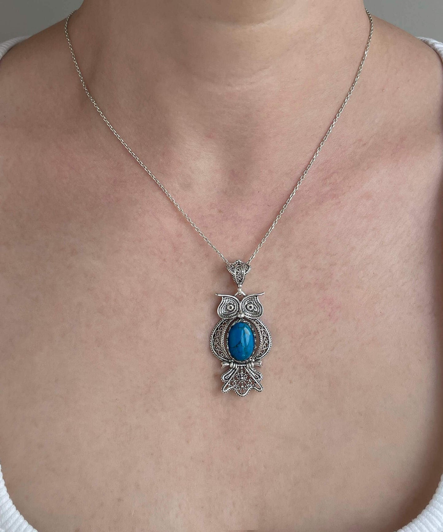 Filigree Art Owl Figured Turquoise Gemstone Women Silver Pendant
