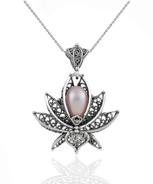 Filigree Art Pink Pearl Gemstone 3D Lotus Flower Women Silver Pendant