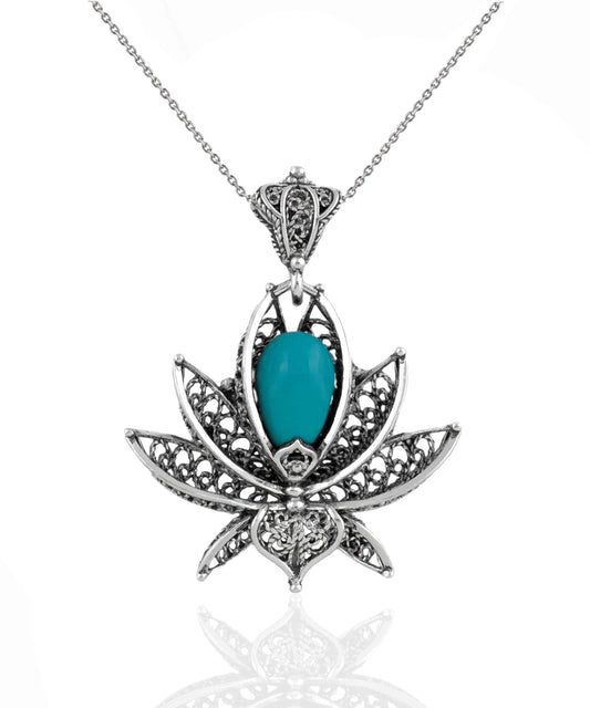 Filigree Art Turquoise Gemstone 3D Lotus Flower Women Silver Pendant