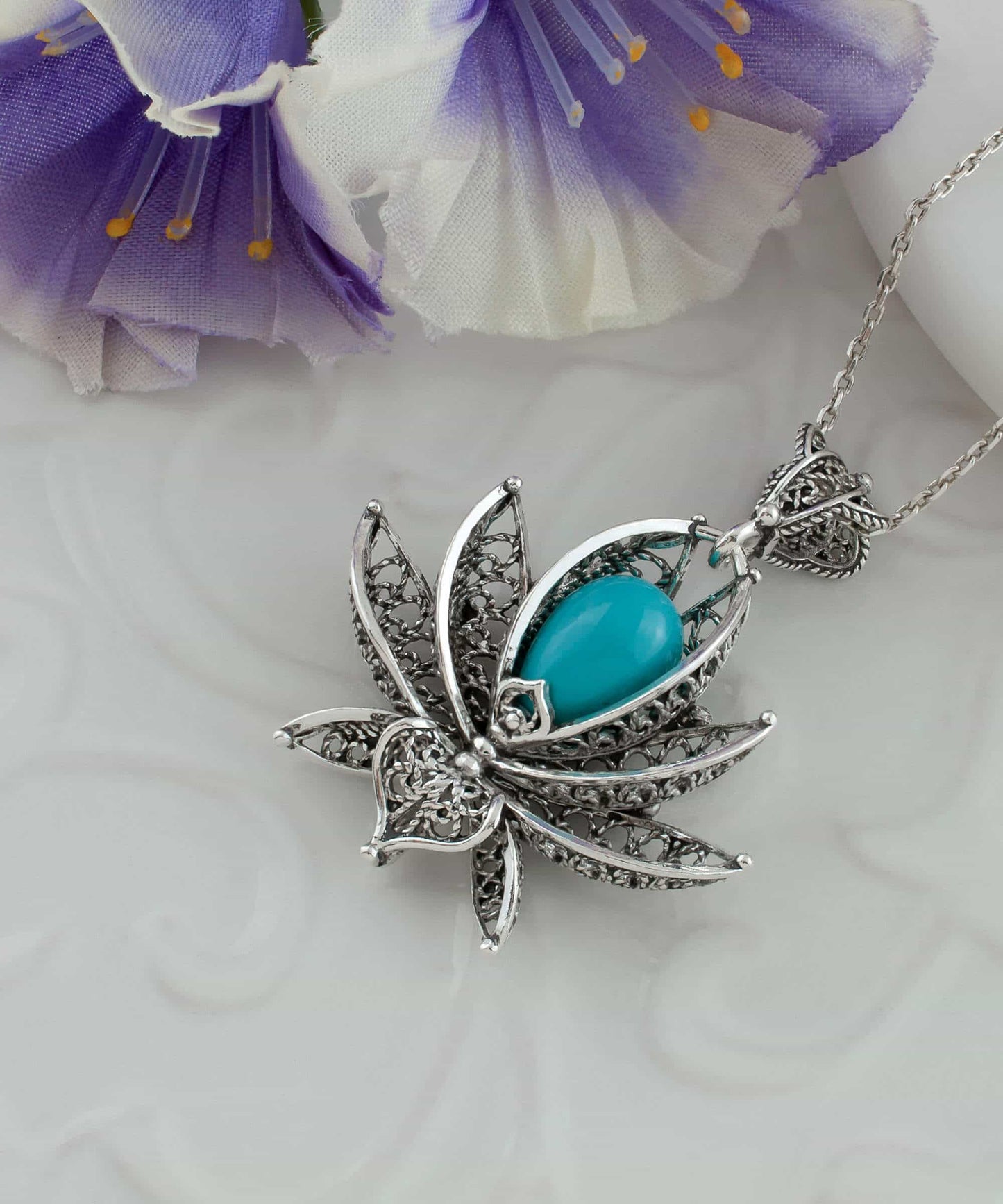 Filigree Art Turquoise Gemstone 3D Lotus Flower Women Silver Pendant