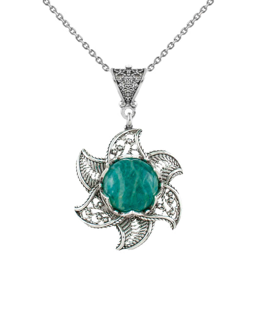 Sterling Silver Filigree Amazonite Gemstone Blossoming Lotus Flower
