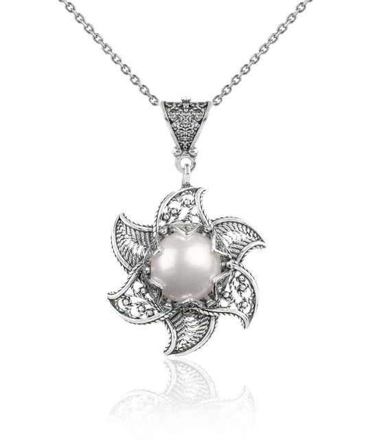 Filigree Art Freshwater Pearl Blossoming Lotus Flower Women Silver