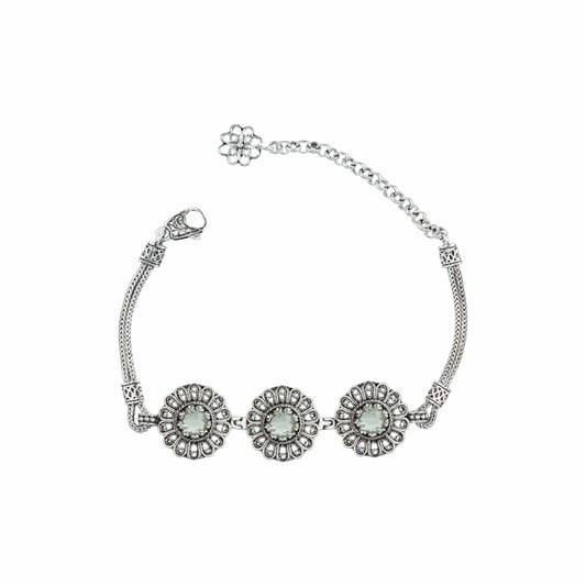 Filigree Art Prasiolite Gemstone Women Silver Link Bracelet