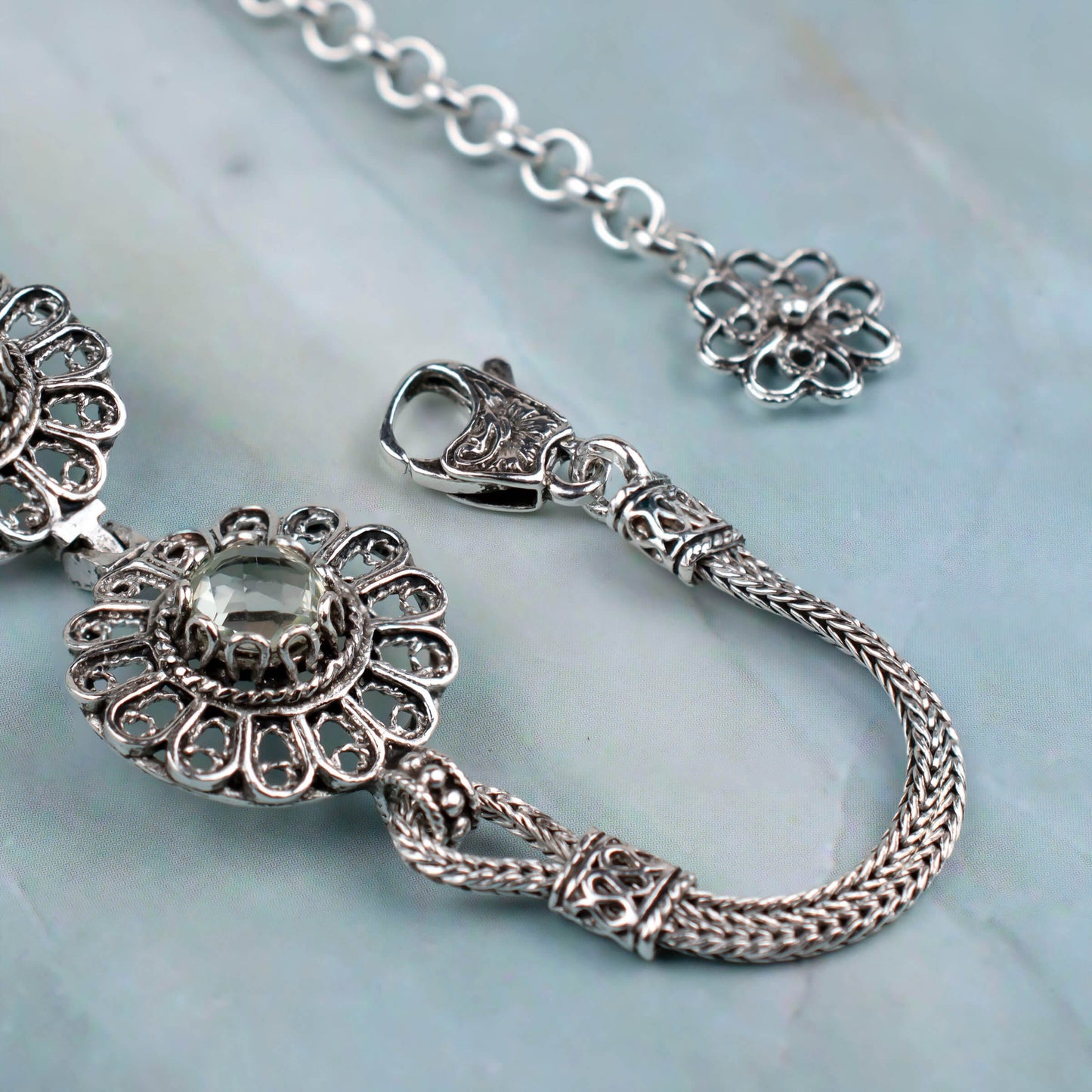 Filigree Art Prasiolite Gemstone Women Silver Link Bracelet
