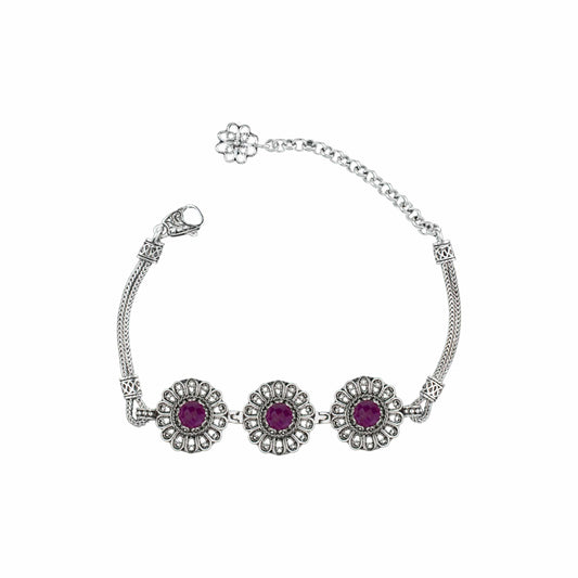 Filigree Art Ruby Corundum Gemstone Women Silver Link Bracelet