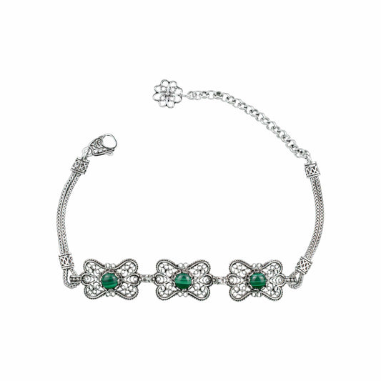 Filigree Art Malachite Gemstone Women Butterfly Silver Link Bracelet