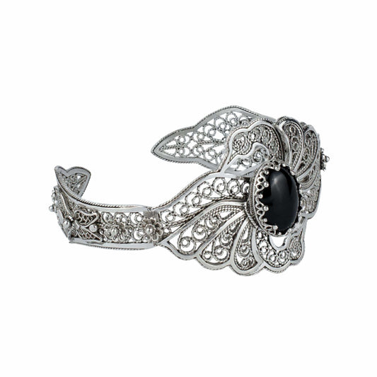 Filigree Art Black Onyx Gemstone Double Swan Figured Women Silver Cuff