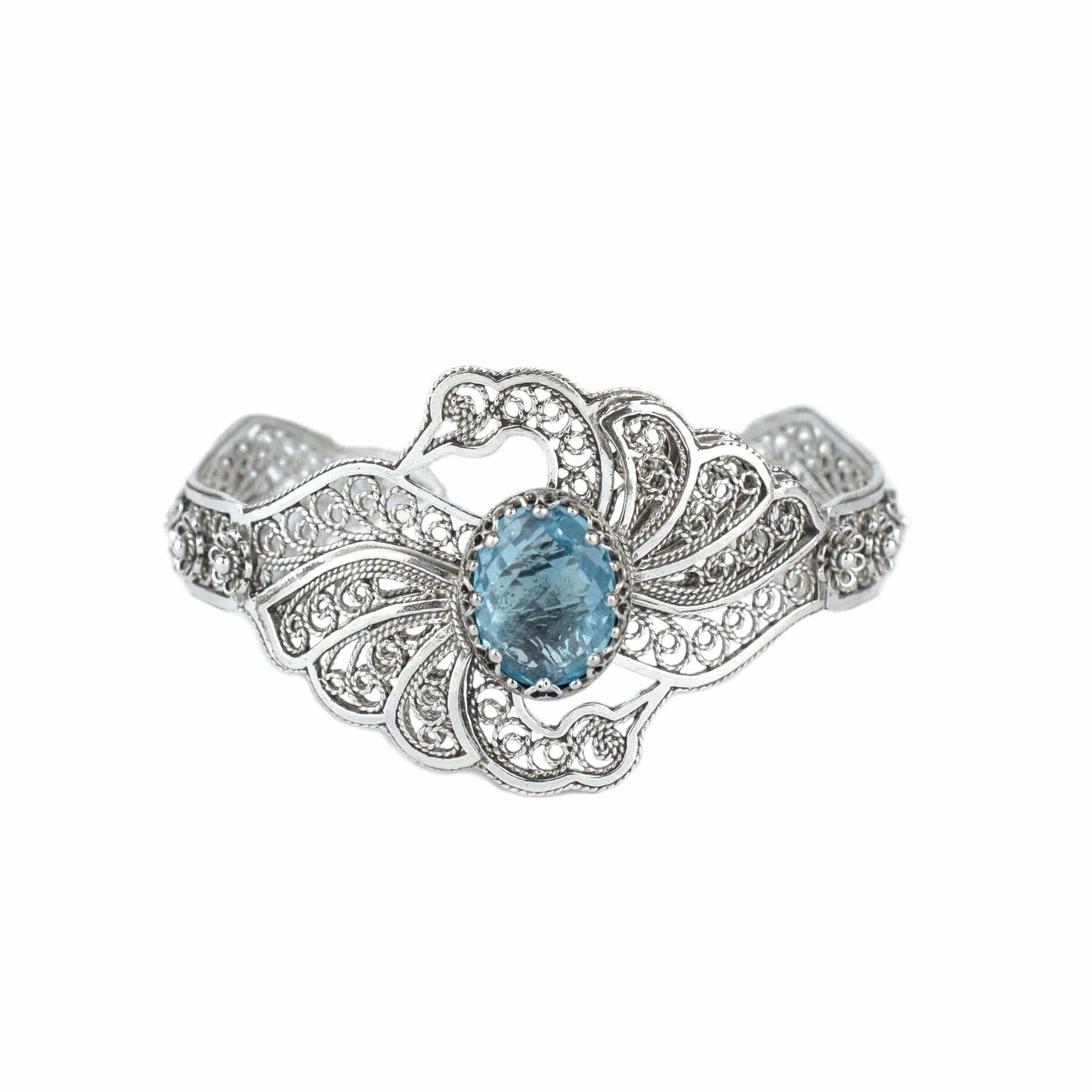 Filigree Art Blue Topaz Gemstone Double Swan Figured Women Silver Cuff