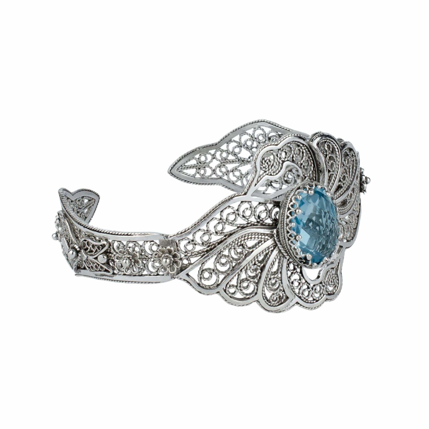 Filigree Art Blue Topaz Gemstone Double Swan Figured Women Silver Cuff
