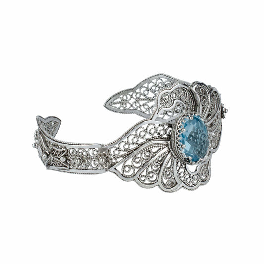 Filigree Art Blue Topaz Gemstone Double Swan Figured Women Silver Cuff