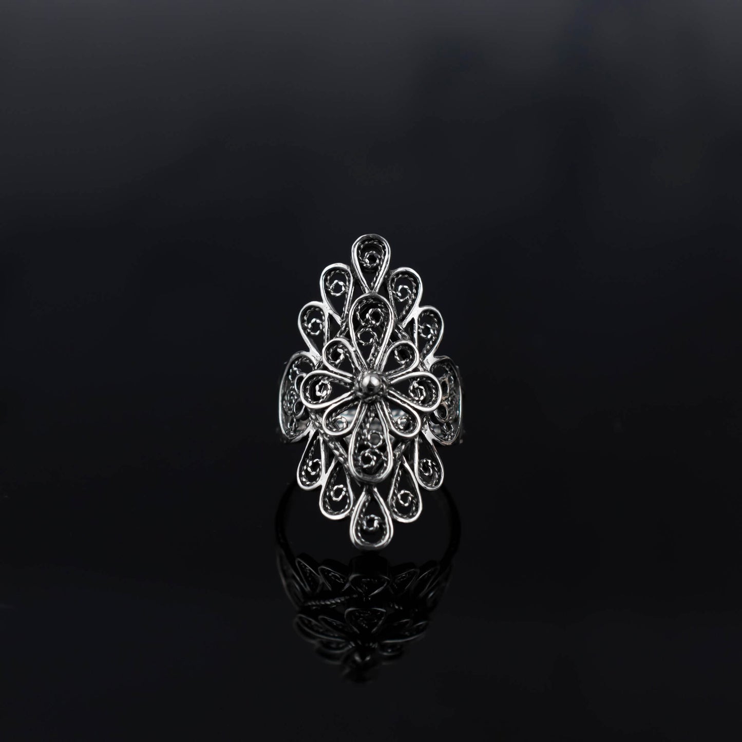 Filigree Art Lace Embroidery Woman Silver Statement Ring