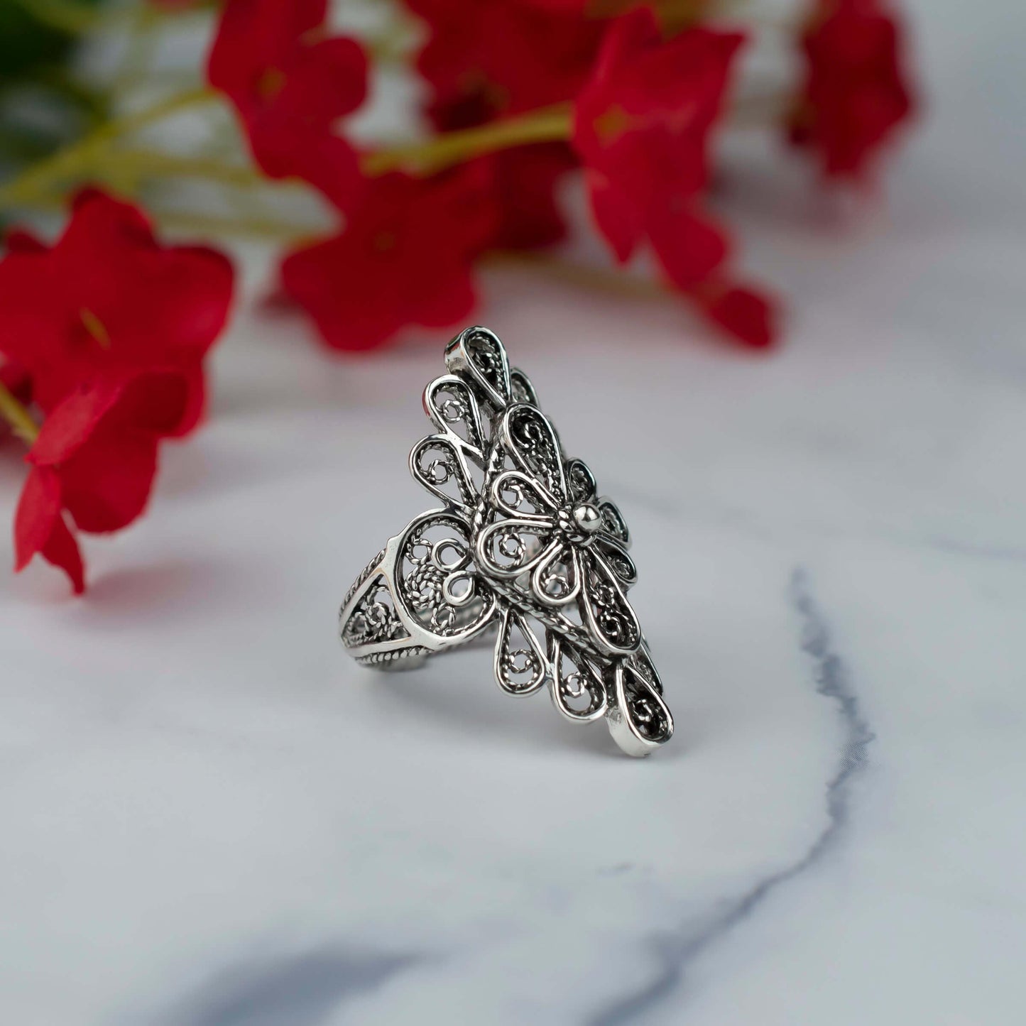 Filigree Art Lace Embroidery Woman Silver Statement Ring