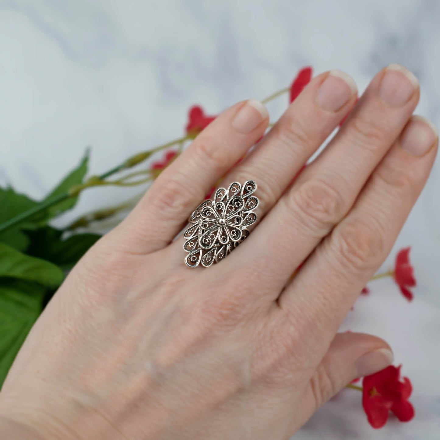 Filigree Art Lace Embroidery Woman Silver Statement Ring