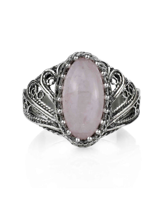 Filigree Art Rose Quartz Gemstone Angel Design Women Silver Cocktail