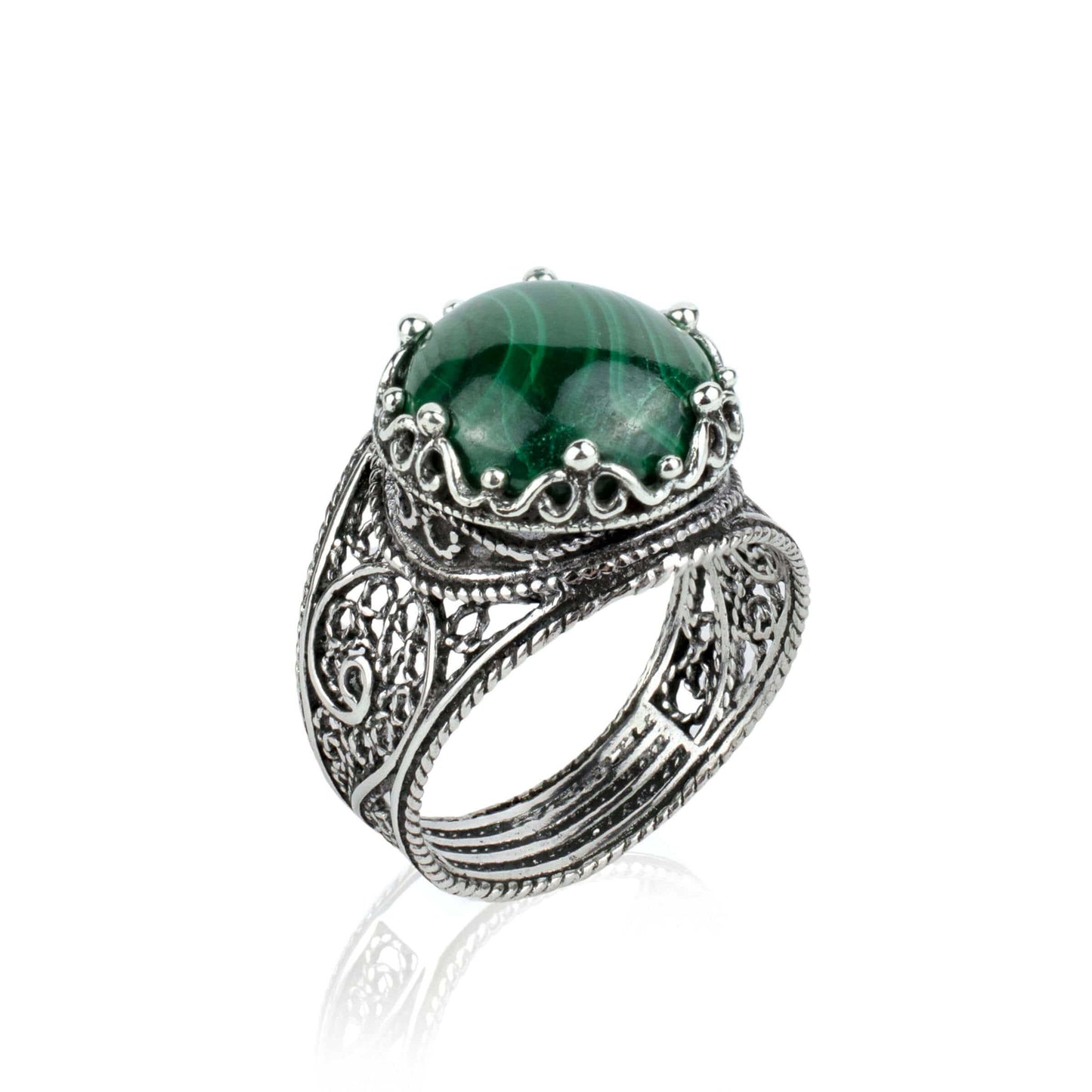 Filigree Art Malachite Gemstone Crown Design Women Silver Cocktail