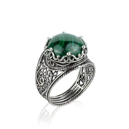 Filigree Art Malachite Gemstone Crown Design Women Silver Cocktail