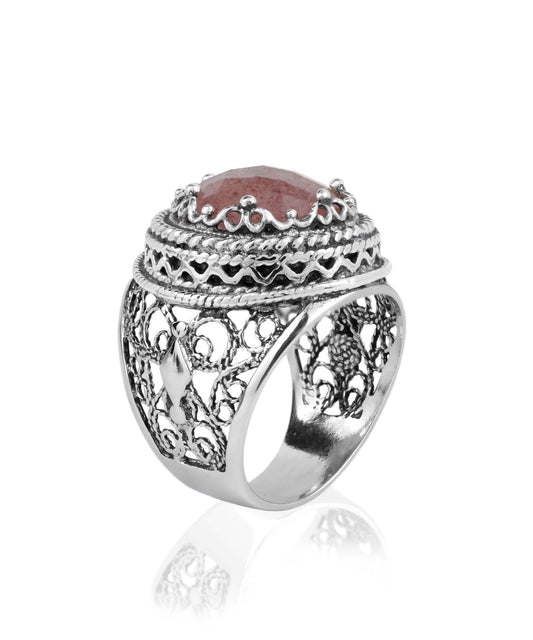 Filigree Art Cherry Quartz Gemstone Women Silver Bold Ring
