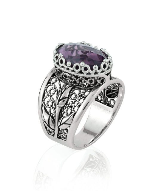 Filigree Art Amethyst Gemstone Tulip Detailed Silver Women Statement