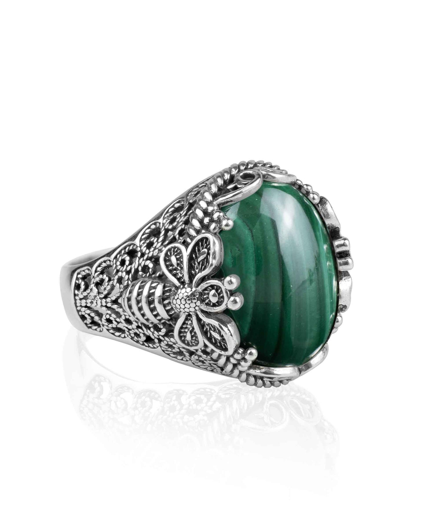 Filigree Art Bee Detailed Malachite Gemstone Women Silver Statement