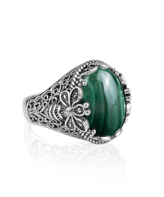 Filigree Art Bee Detailed Malachite Gemstone Women Silver Statement