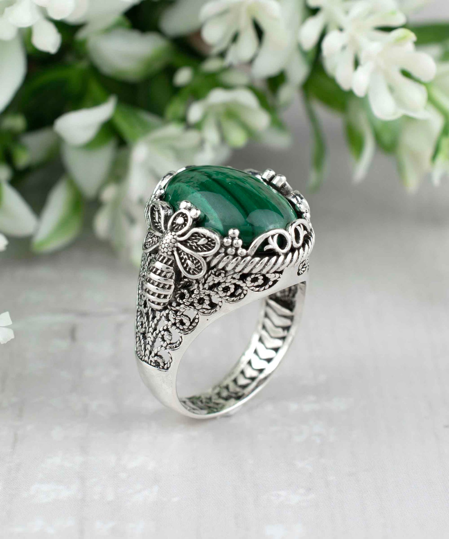 Filigree Art Bee Detailed Malachite Gemstone Women Silver Statement