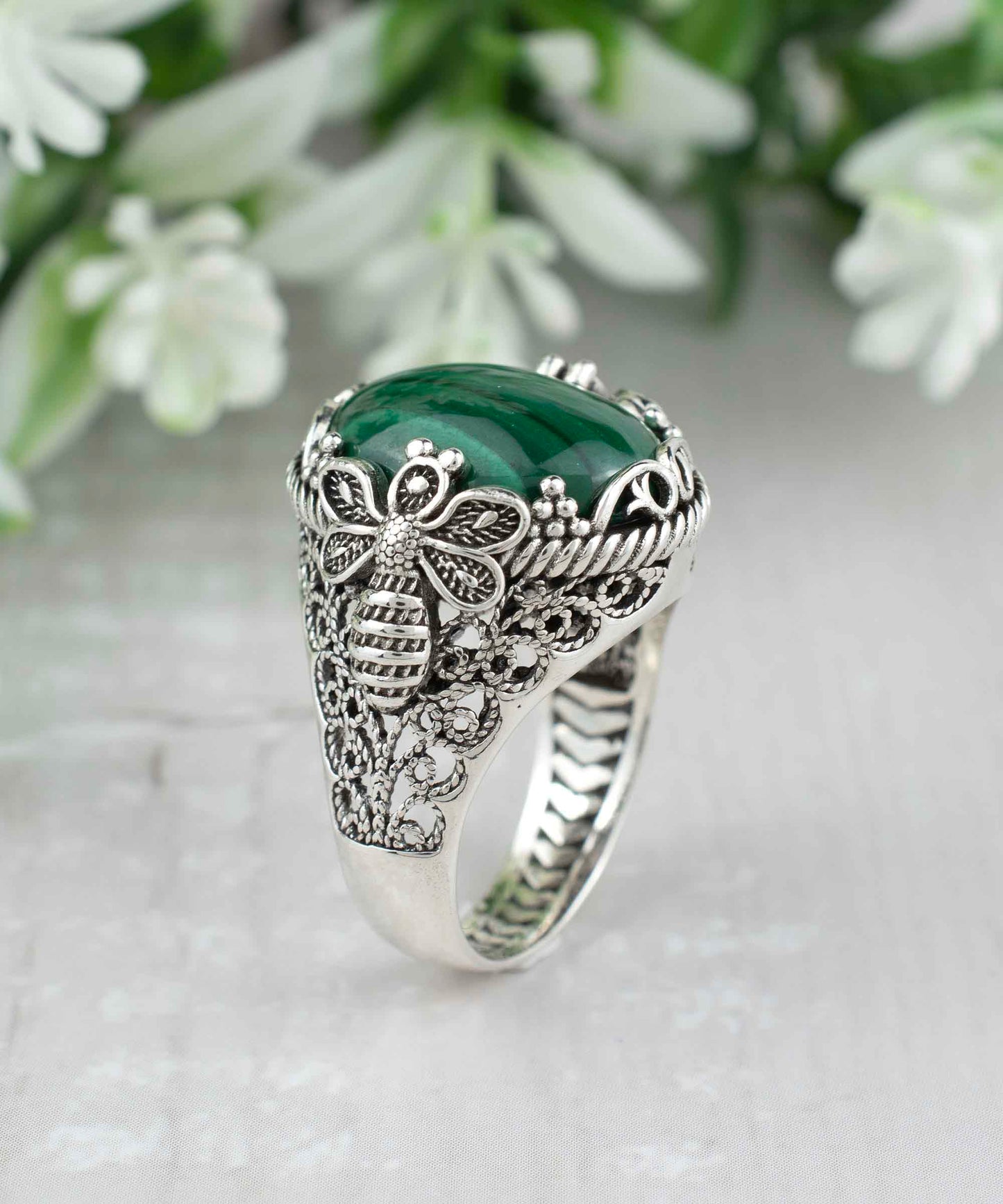 Filigree Art Bee Detailed Malachite Gemstone Women Silver Statement