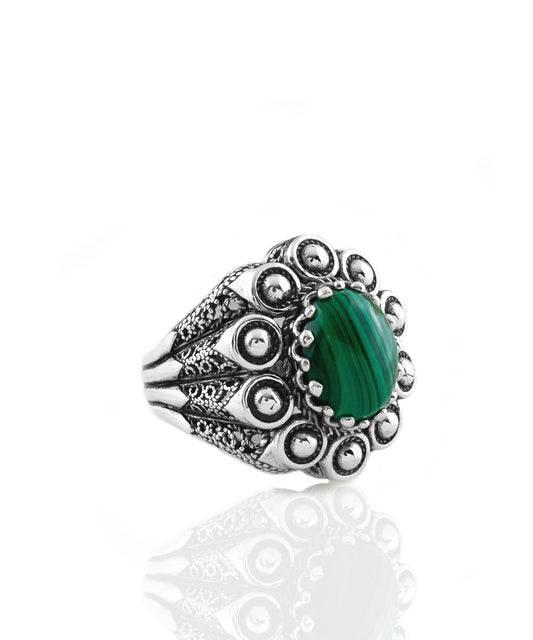 Filigree Art Malachite Gemstone Women Statement Dome Ring
