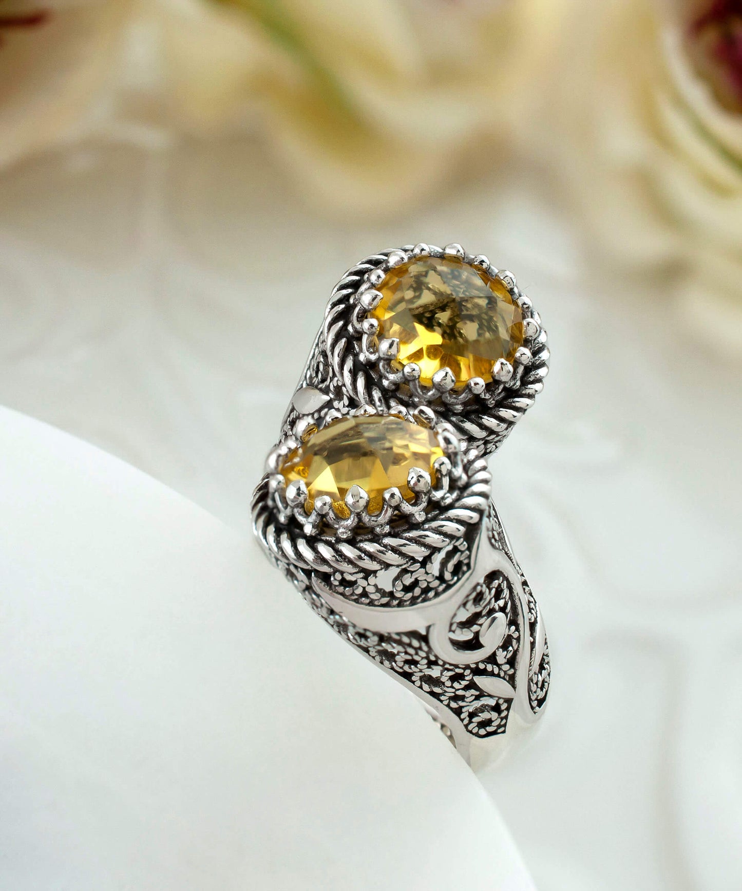 925 Sterling Silver Women's Bypass Ring with Citrine Gemstone -