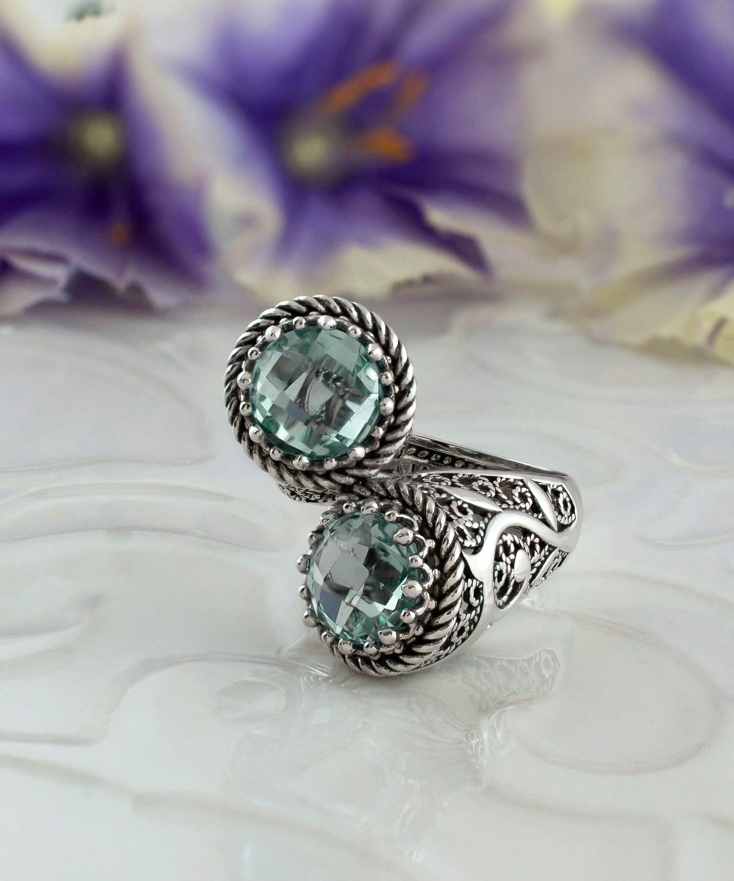 925 Sterling Silver Women's Bypass Ring with Prasiolite Gemstone -